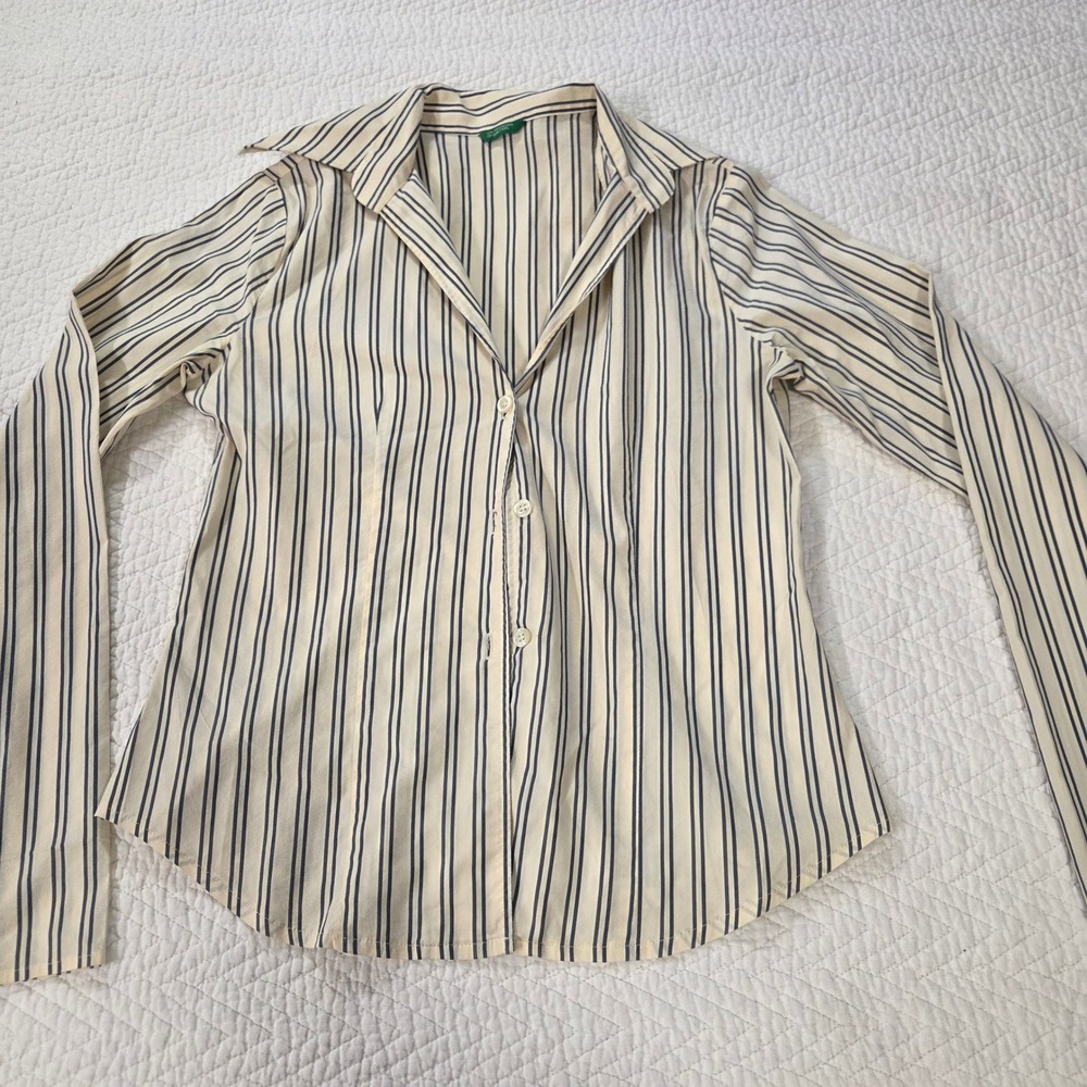 United Colors of Benetton Cream Navy Striped Long Sleeve‎ Button Down Shirt